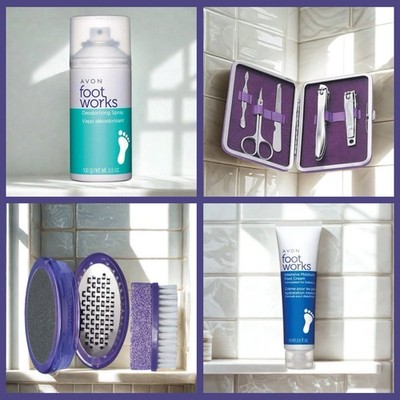 Avon Foot Works 4 Pc Foot Care Set Spray Cream Tools Travel Kit