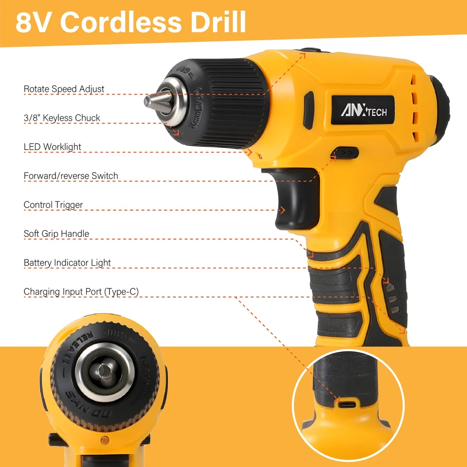 Kit de herramientas de mano para el hogar de 154 piezas con taladro inalámbrico de 8 V caja de herramientas portátil Foto 4 de 4