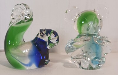 SQUIRREL & KOALA BEAR 3'' Art Glass Paperweight Figurines Blue & Green vtg pair