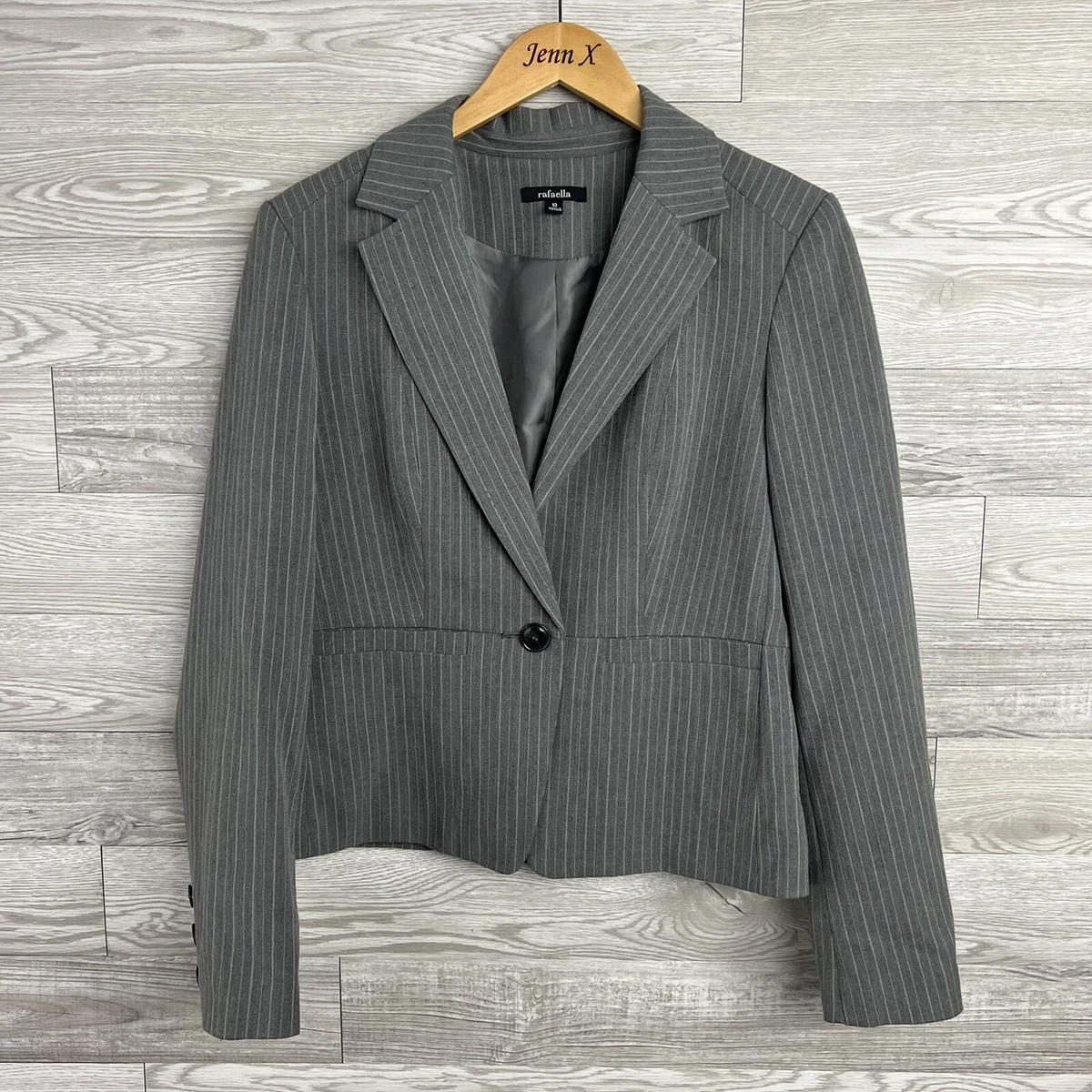 Rafaella Blazer Jacket Women Size 10 Gray Stripe Pockets Long Sleeve Career