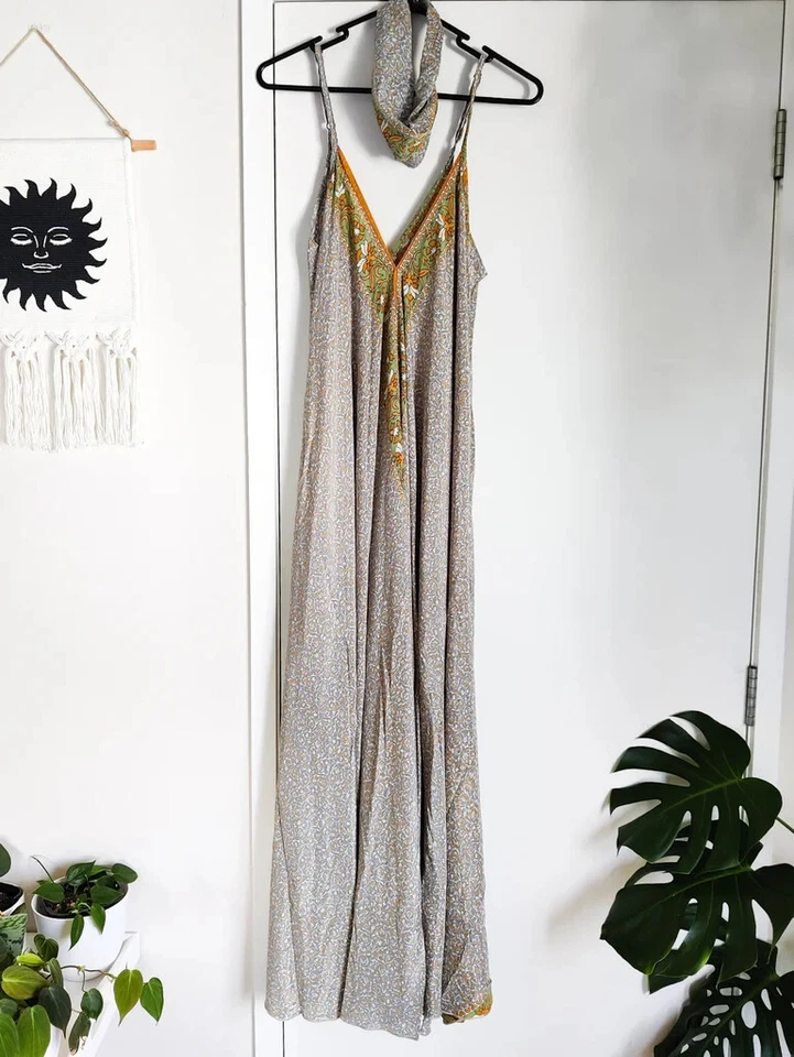 Maxi vestido midi sin mangas con sari de seda vintage indio de 5 piezas para mujer Foto 3 de 4