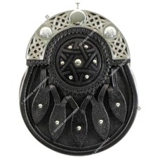 Handmade Scottish Full Dress Sporran Black Studded Leather Brass Chrome Cantle