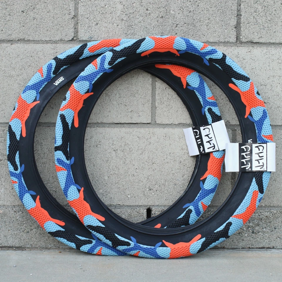 PAIR OF CULT BMX VANS TIRES 20x2.40" BLUE ORANGE CAMO