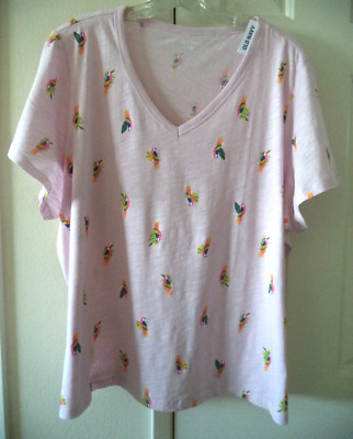 Fun! Subtle Parrot Print on Soft Pink Slight Slub VNeck T-shirt 2XL 20 22 2X XXL