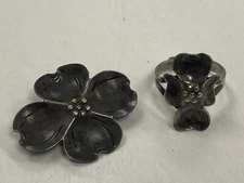 Vtg Singed Stuart NYE Sterling Silver Dogwood Flower Brooch Pin Adjustable Ring