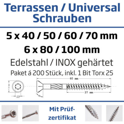 TerrassenSchrauben Edelstahl / Inox gehärtet 40 - 140 mm in Va / V2a