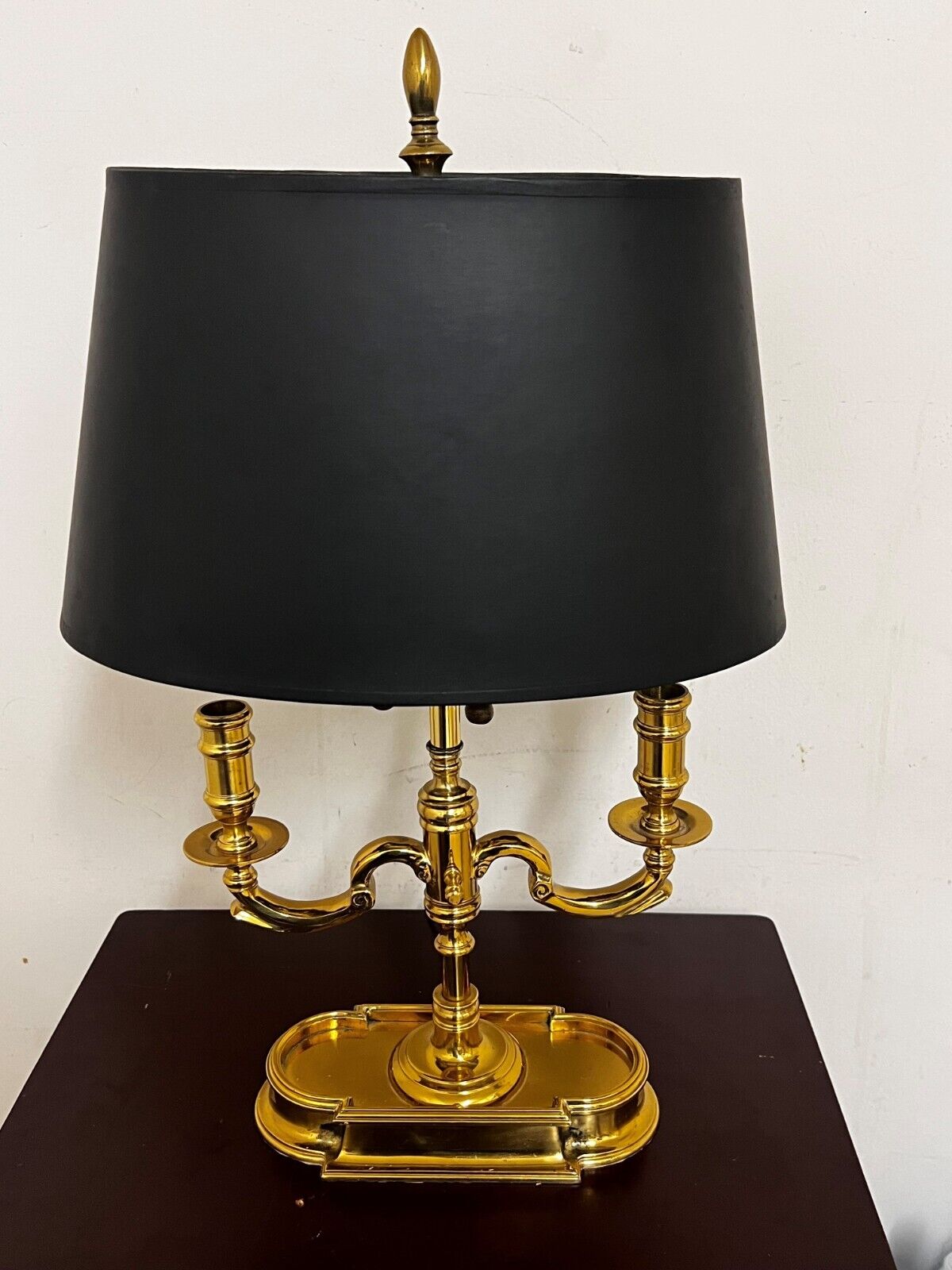 Bouillotte Brass Table Lamp Double Arm with Marbled Oval Shade