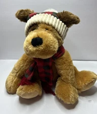 Hugfun Dog Plush Christmas Holiday Plaid Beanie Scarf Sitting 12 Inch