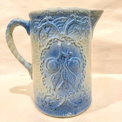 Antique Blue White Stoneware Pitcher Cherry Molded Relief Bristol Glaze 1890s