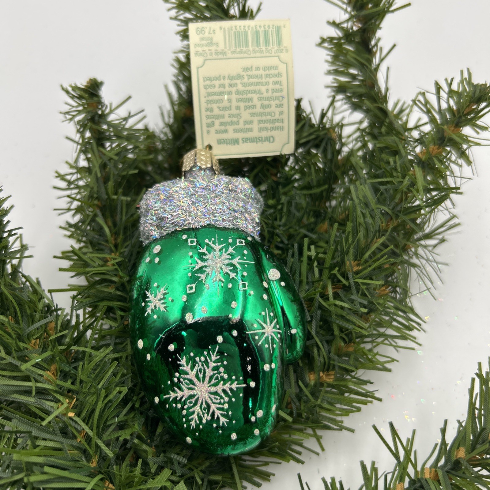 Old World Christmas Green Christmas Mitten Hand Blown Christmas Ornament