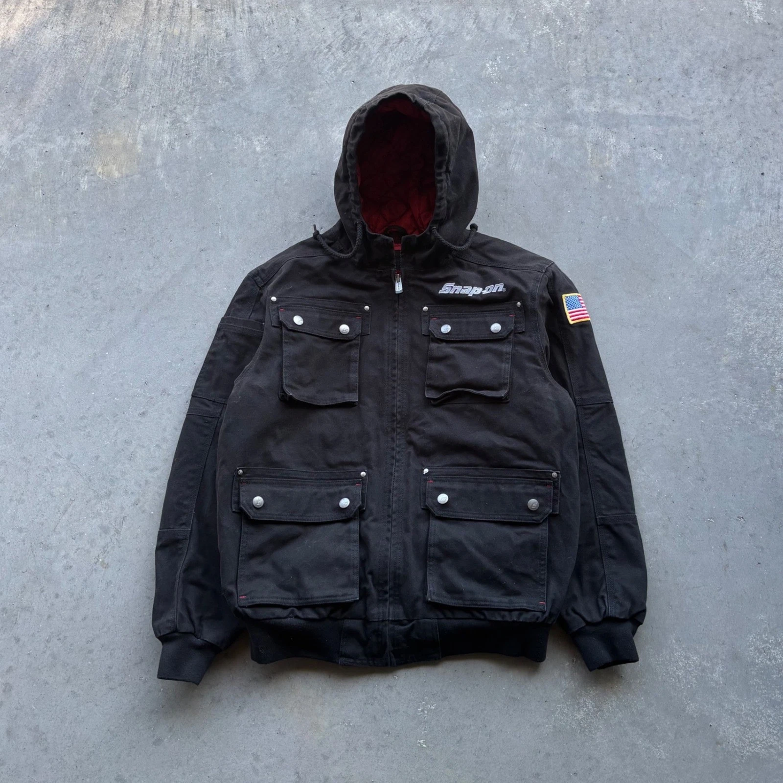 Snap-on Tools Mens Canvas Work Jacket Black Hooded Red Quilted Lining Medium
Opens in a new window o
