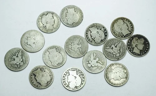 MIXED DATE SILVER BARBER QUARTER LOT! 14 TOTAL COINS! BEYOND FABULOUS! NR #K2841