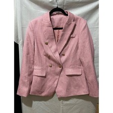 Chic Pink Tweed Double Breasted Blazer Gold Buttons Womens Sz M Shimmery thread