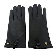 ETIENNE AIGNER Black Leather Gloves Size Medium Womens with Logo Knit Lined