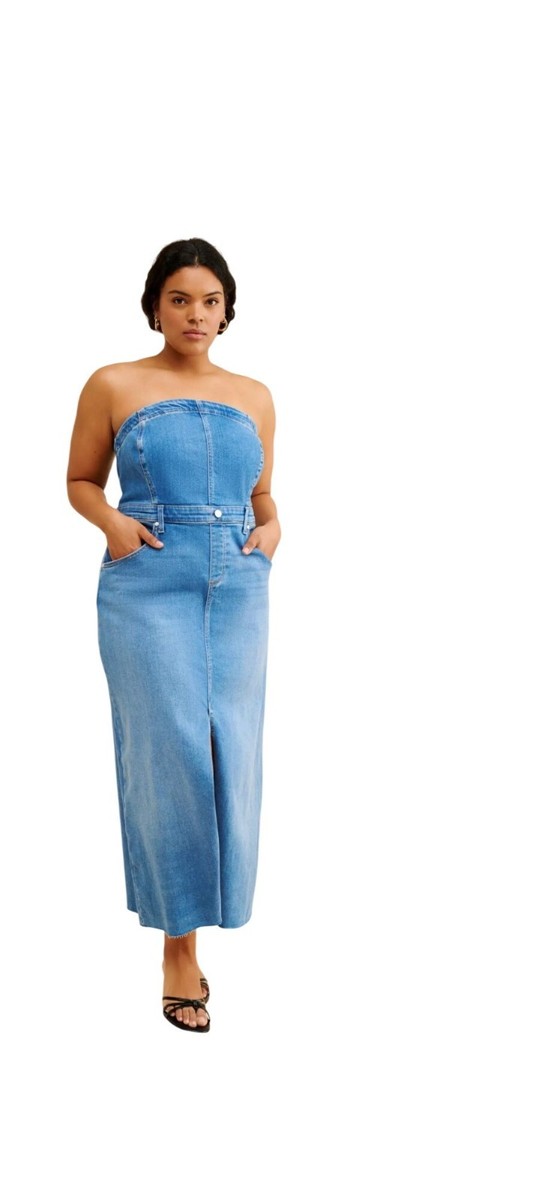 pilcro denim dress The Madi Front-Slit Strapless Medium A-line silhouette Machine washable Pilcro Sleeveless Paneled Denim Fit