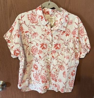Cynthia Rowley Button Up 100% Linen Top Blouse Shirt Red Pink Floral Sz L Tb13