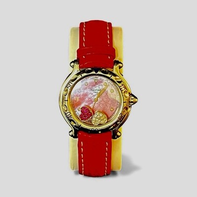 Chopard Happy Sport Diamond Ruby Heart Steel Red Leather Ladies Watch 27/895