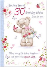 Doodlecards 30th Birthday Card Age 30 for Her Cute Teddy's Flowers and
