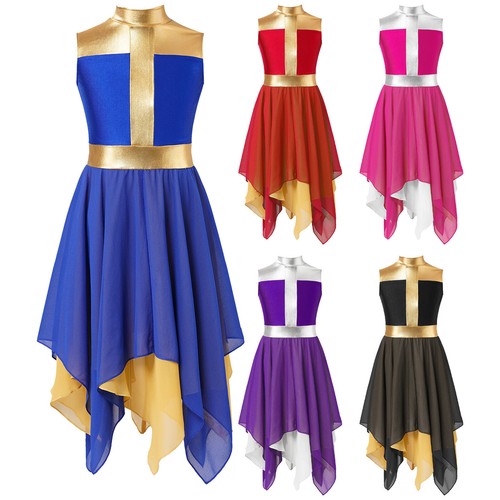 Girls Praise Dance Dress Metallic Liturgical Costume Robe Lyrical Dancewear - Picture 5 of 91