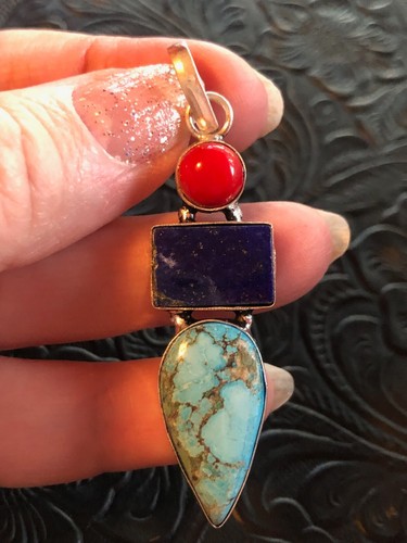 Turquoise Lapis and Coral Arrow Totem Pendant 2.25" Artisan Southwest