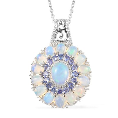 Natural Opal & Multi Gemstone Pendant Necklace 20'' Sterling Silver 5.50 ctw
