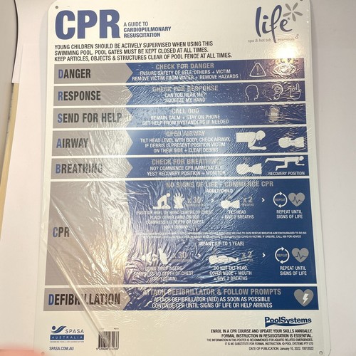 CPR Sign Metal Life Spa Pool Finish Outdoor Resuscitation SPASA