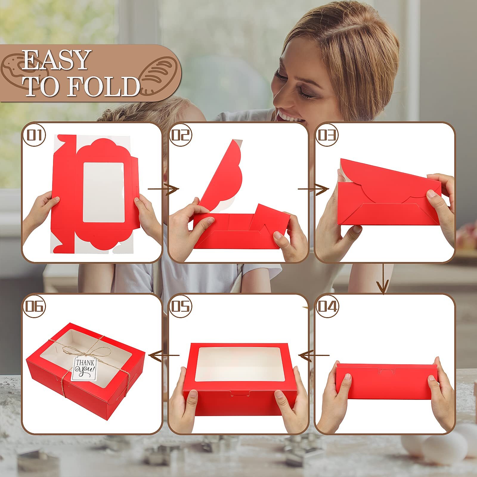 65-PCS Red Cookie Boxes with Window 8x6x2.5-inch Bakery Pastry Gift Box