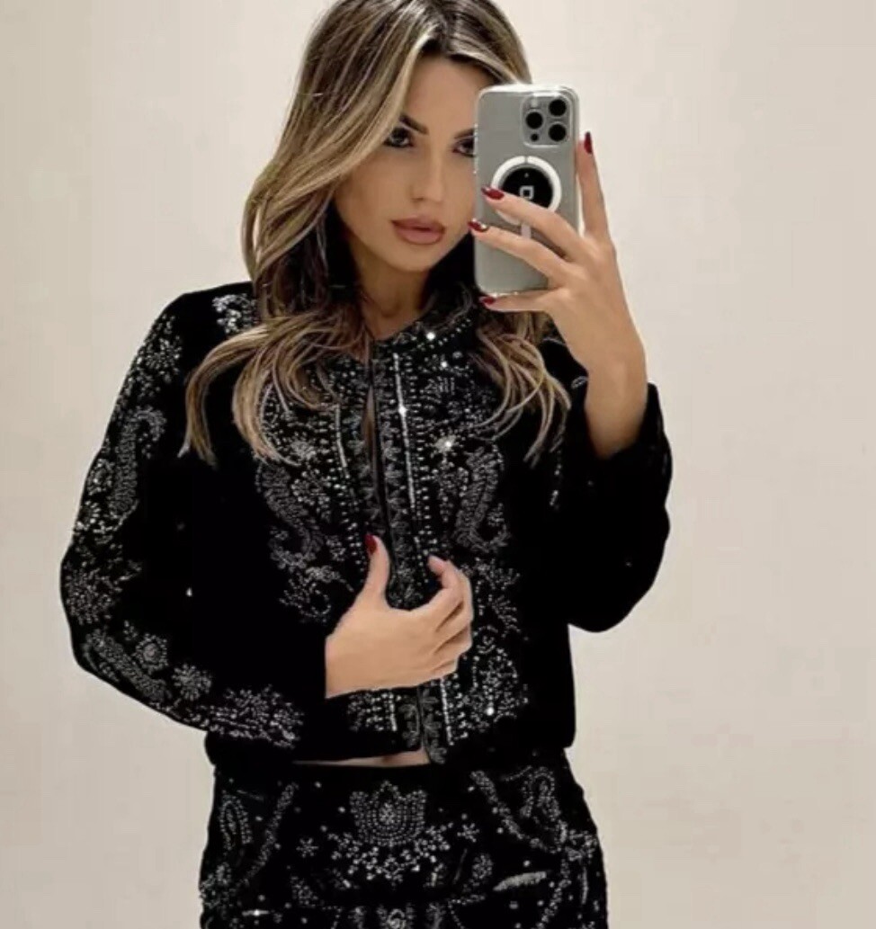 ZARA NEW WOMAN VELVET SEQUIN JACKET BLACK Size L
