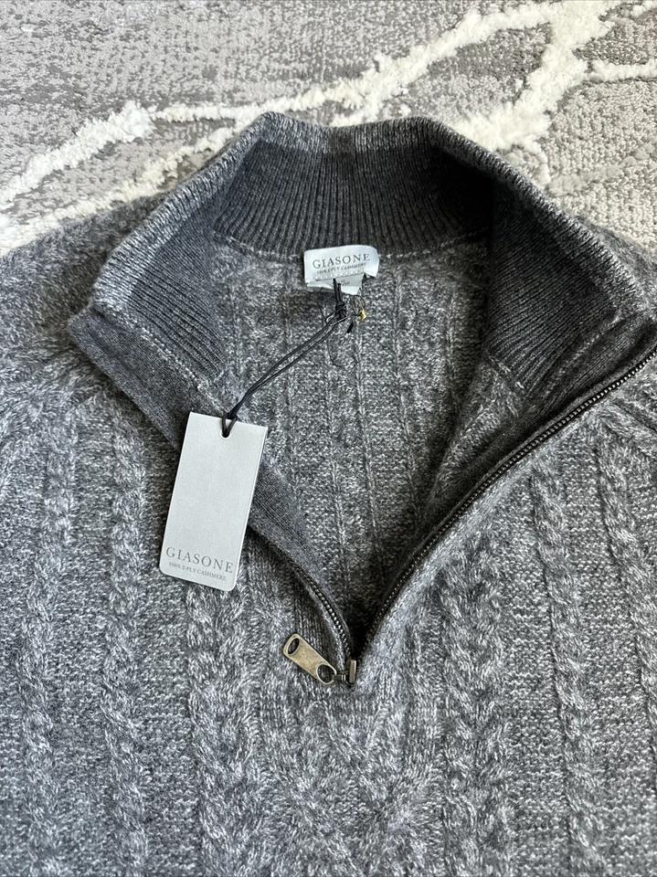 New Giasone Men’s 2 Ply 100% cashmere Sweater Cable Knit Quarter Zip XL Gray - Image 3 of 4