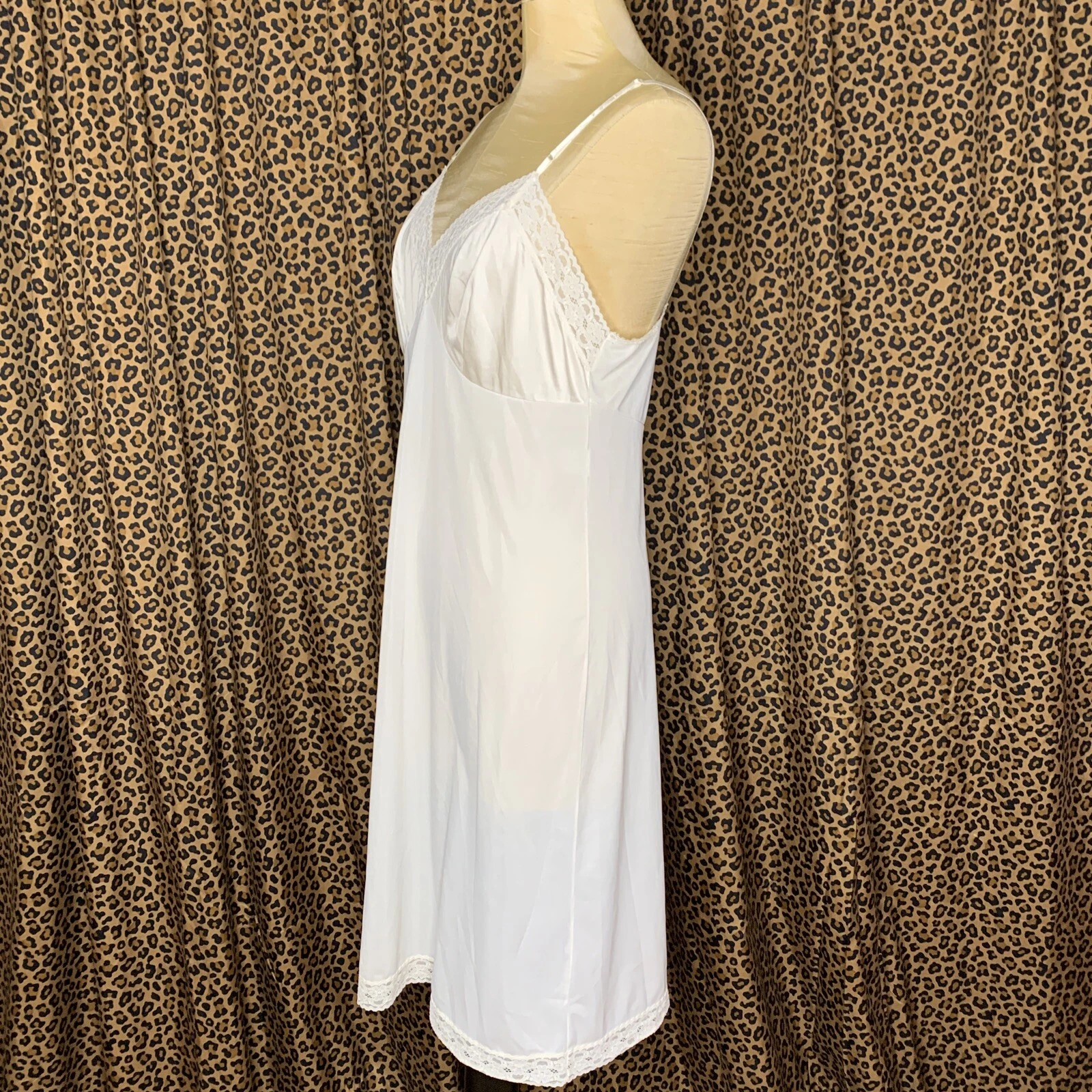 OFF WHITE Abito Slip Vintage Vanity Fair 36 Busto Semi Trasparente Bianco Nylon e Pizzo Medium