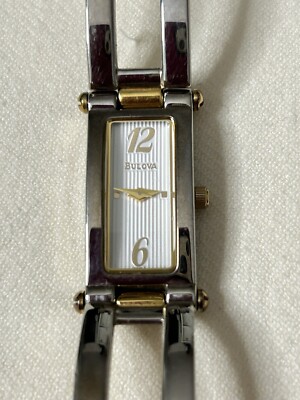 Bulova Bangle 98T14 Two-tone Silver Gold Colored Wrist Watch, WOMEN New Battery