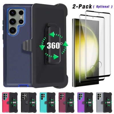 For Samsung Galaxy S23/S23+/Ultra Case Hybrid Rugged Clip Cover Tempered Glass