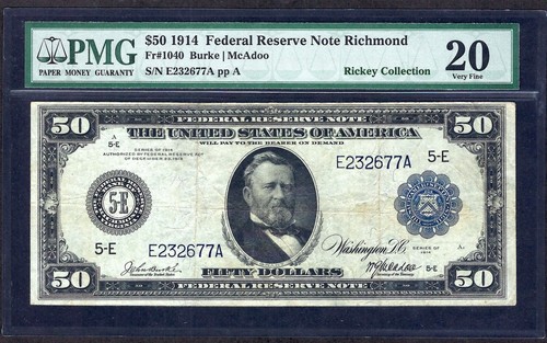 🇺🇸1914 $50 FRN FR-1040 "RICHMOND" ♚♚Burke&McAdoo♚♚ PMG VF 20   69 KNOWN, RARE! - Picture 1 of 2