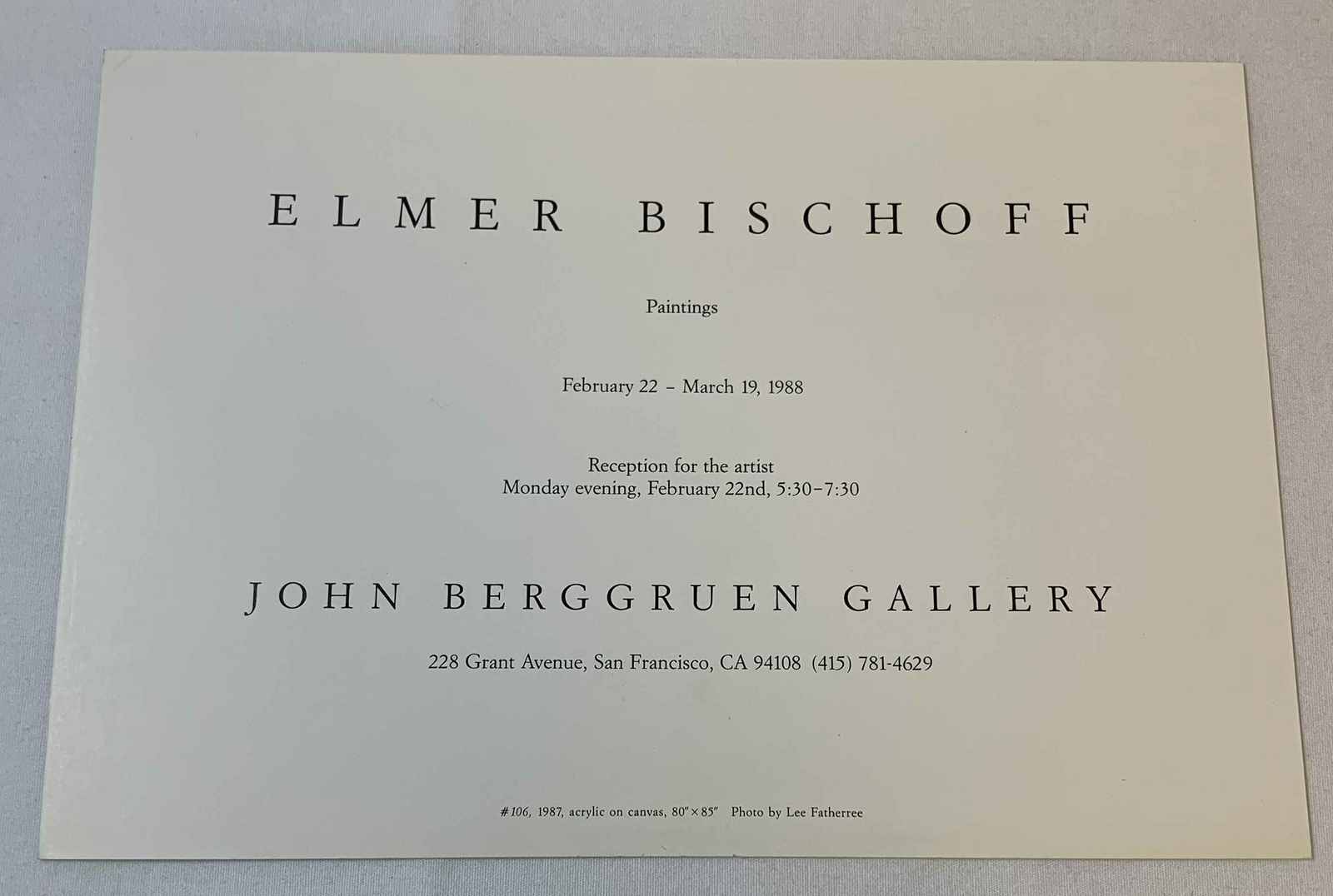 1988 art gallery exhibition card~ ELMER BISCHOFF ~ 6x8.5