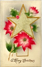 Antique Christmas Card Poinsettias Felt Fur Star Gold Frame Vtg Postcard E55