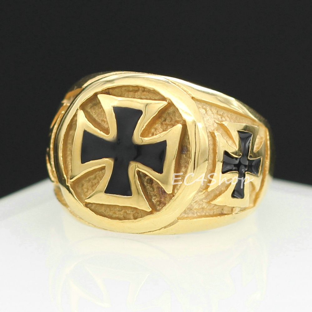 Gold Tone Stainless Steel Templar Iron Cross Biker Ring German