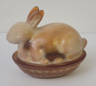 Vintage Fenton Easter Bunny Rabbit on Nest Carmel Swirled Slag Glass 4 ...