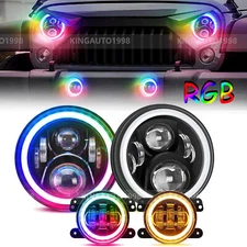 For Jeep Wrangler JK 2007-2018 7" RGB Halo LED Headlight Fog Light DRL Combo Kit
