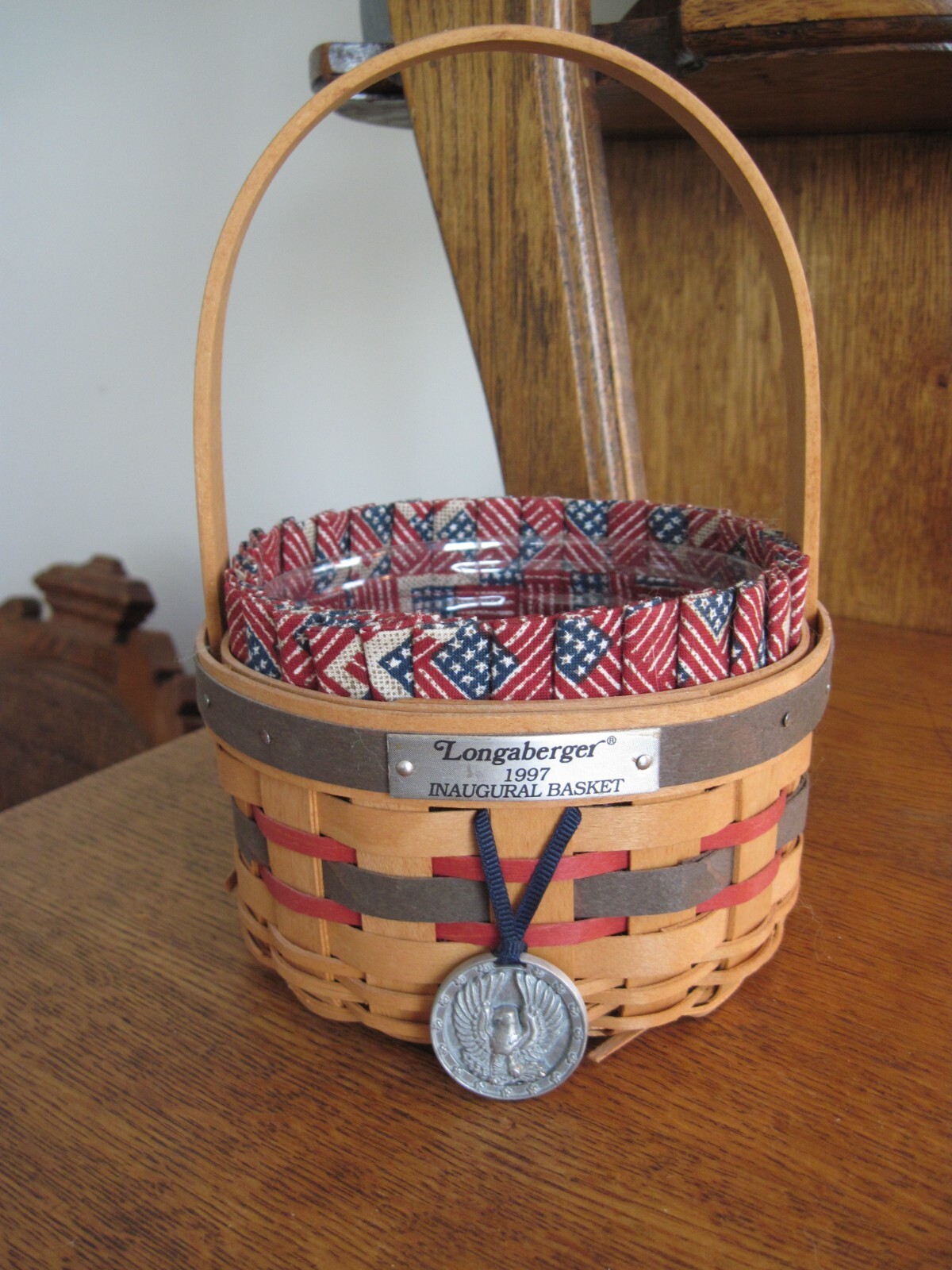 Vintage Small Longaberger 1997 Round Inaugural Basket with Protector Liner & Tag