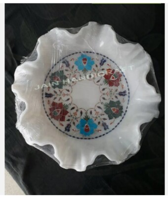 10'' white Marble Fruit Bowl Inlay lapis Stone Handmade Art Kitchen table Decor
