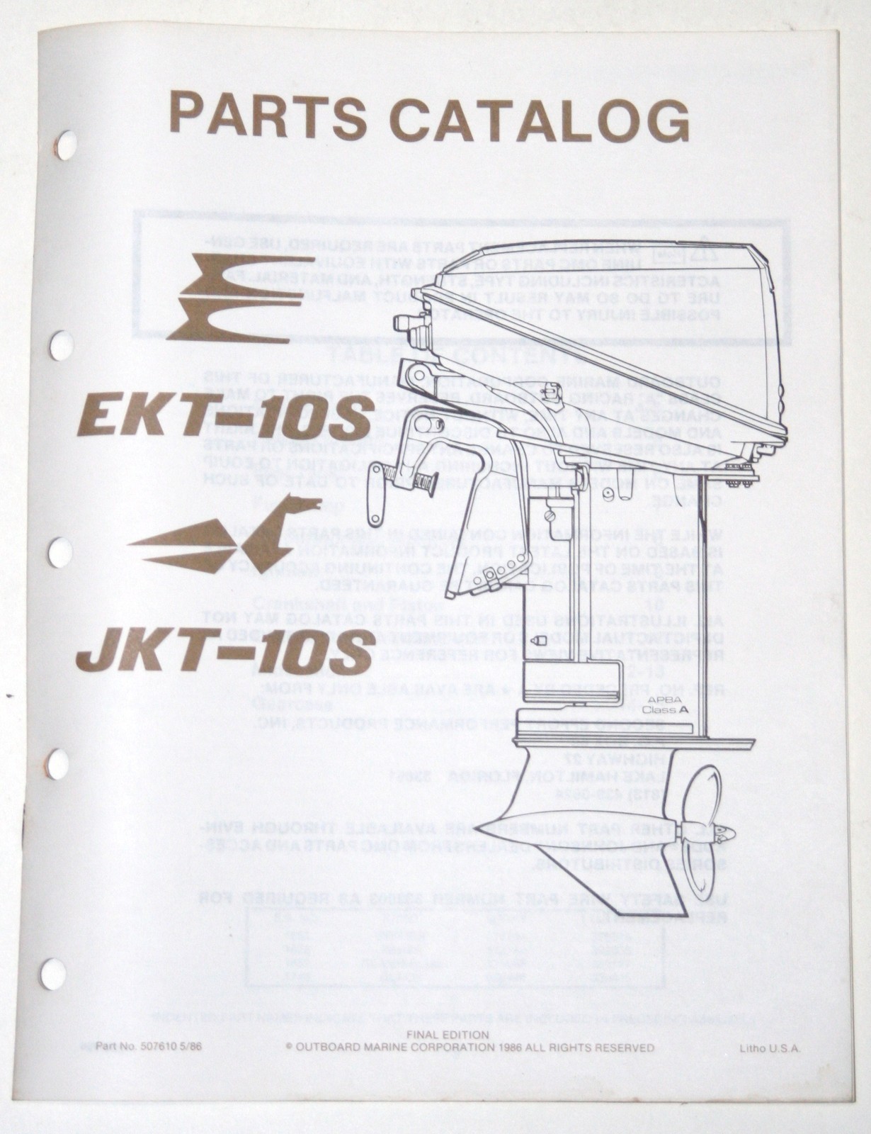 1986 OMC Parts Catalog Evinrude EKT10S Johnson JKT10S Outboards Part
