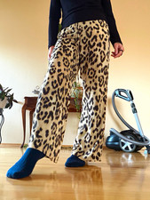 Leopard Print Wide-Leg Drawstring Jogger Pants Beige Black Size XS Women