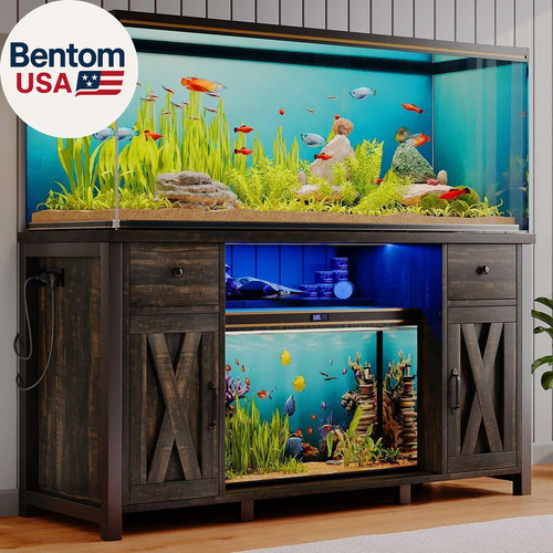75 Gallon Fish Tank Stand with LED Light Power Outlets Cabinet