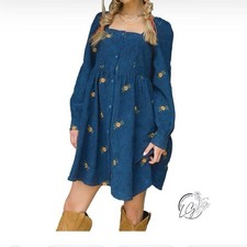Listicle Floral Embroidered Corduroy Dress Blue Oversized
