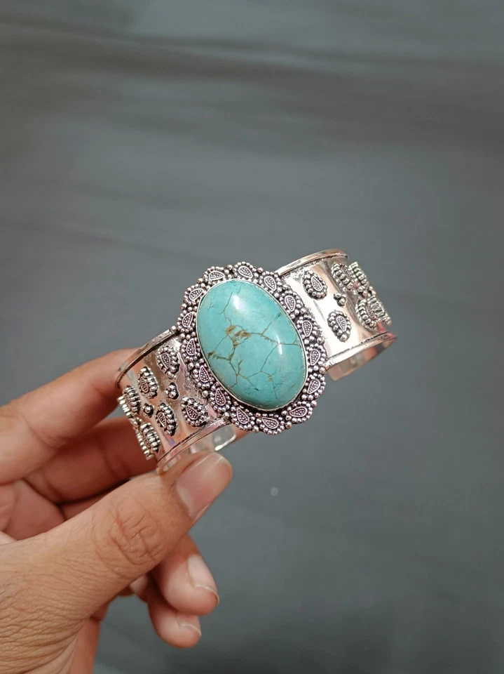 Beautiful Copper Turquoise Gems Bangle Sterling Silver Adjustable Gift Bangle Foto 3 de 4