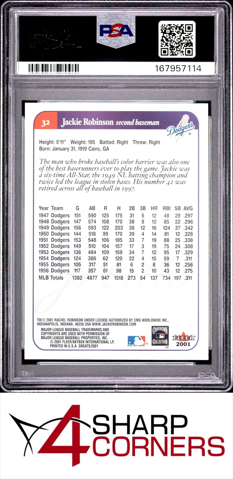 2001 FLEER GREATS #32 JACKIE ROBINSON HOF PSA 10 view 2