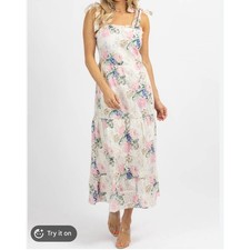 Sunday Up Floral Eyelet Lace Tie Shoulder Smocked Midi Dress Pink White Medium