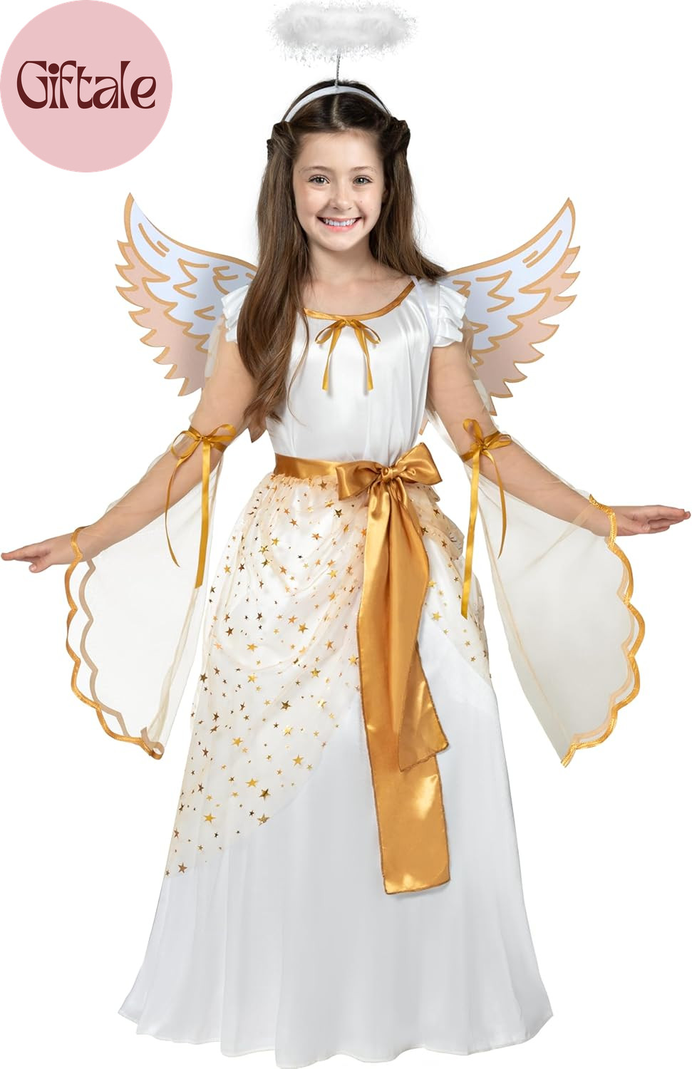 Disfraz de ángel de Halloween para niña, vestido de ángel blanco dorado para niños para Halloween