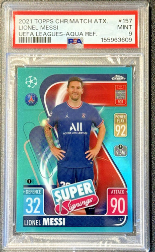LIONEL MESSI 2021 TOPPS Chrome Match ATX UEFA Aqua Refractor 109/150 - PSA 9