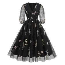 Women's Floral Embroidered Dress Puff Sleeve V-Neck Swing Dress Black Large